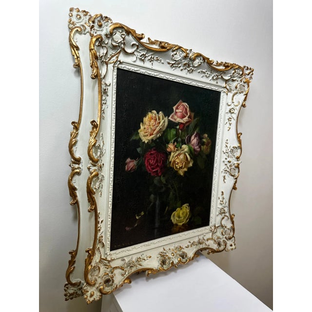 British Oil Painting Flowers Garden Roses Signed Ernest Higgins Rigg Staithes Group Framed For Sale - Image 6 of 12