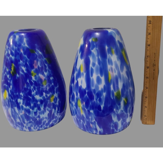 Mid-Century Modern Pair of Vintage Venetian Art Splatter Cased Glass Blue Pendant Shades For Sale - Image 3 of 7