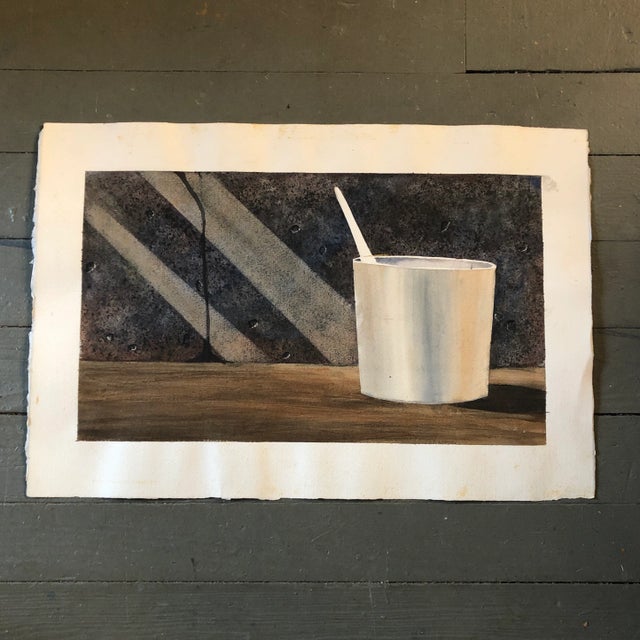 1970s Original Vintage Modernist Watercolor Painting Pot With Brush Still Life For Sale - Image 5 of 5