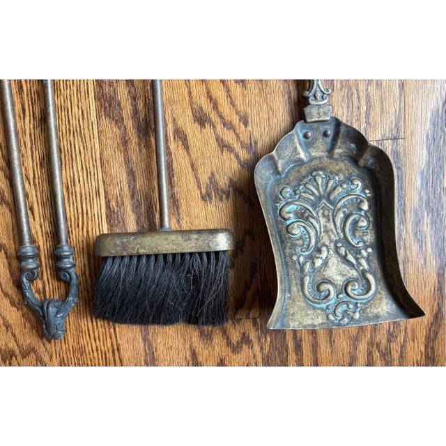 Metal Ornate Italian Vintage Brass Fireplace Tools With Matching Stand For Sale - Image 7 of 10