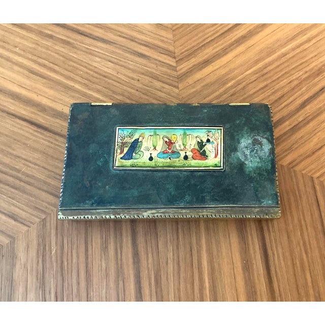 Brass Antique Persian Painted Brass Jewelry Box With Miniature Scene, C. 1900 For Sale - Image 8 of 11