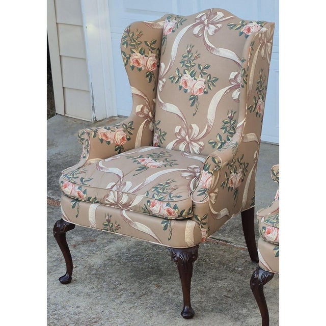 Late 20th Century Hickory Chair Cocoa Brown Rose and Ribbon Pattern Wing Back Arm Chair For Sale - Image 13 of 13