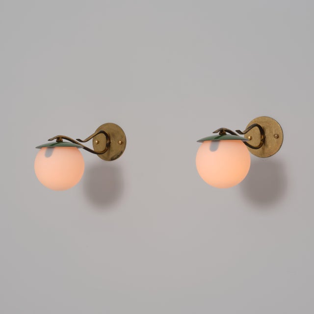 Vintage Italian Green Enameled Metal and Opaline Glass Wall Sconces, 1950s, Set of 2 For Sale - Image 12 of 15