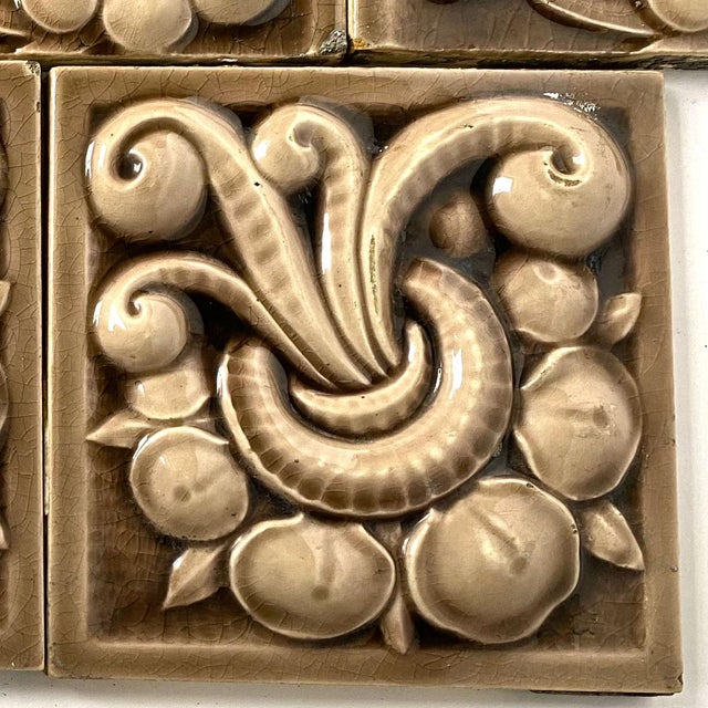 Ceramic Set of 14 American Encaustic Tiling Co. Brown Majolica Pottery Tiles For Sale - Image 7 of 12