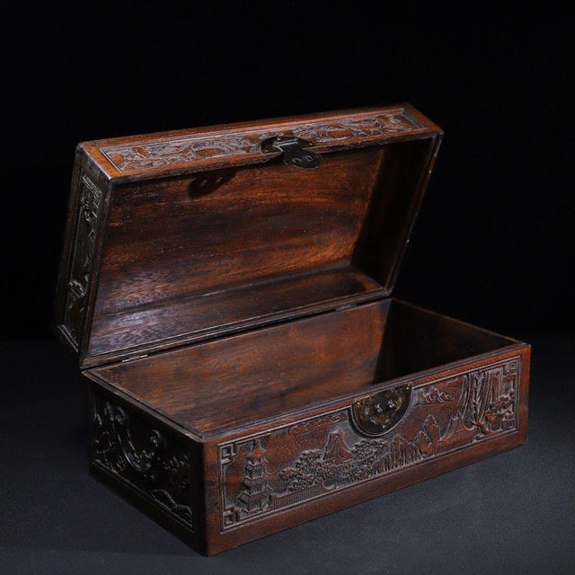 Pair of Huali Rosewood Nesting Boxes Carved With Landscape & Poetry For Sale - Image 4 of 9