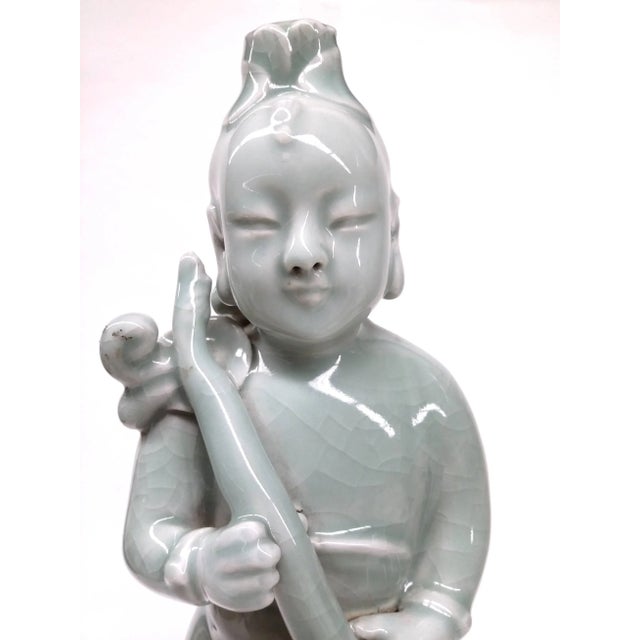 Green Vintage Chinese Green Celedon Peasant Boy Statue For Sale - Image 8 of 8