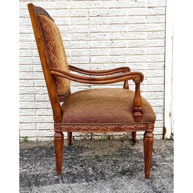 This is an absolutely gorgeous Neoclassical style arm chair or Bergère with beautiful twisted tapered legs, brass...