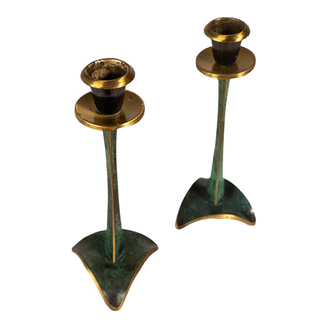 Set of Two (2) Mid-Century Post Modern Judaica Candlestick Holders in Brass and Acrylic Paint Attributed to Oppenheim, Israel, C. 1985 For Sale