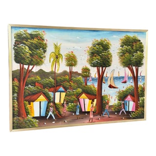 Vintage Large Haitian Naïve Art Coastal Village Landscape Painting by Jacky Salomon For Sale