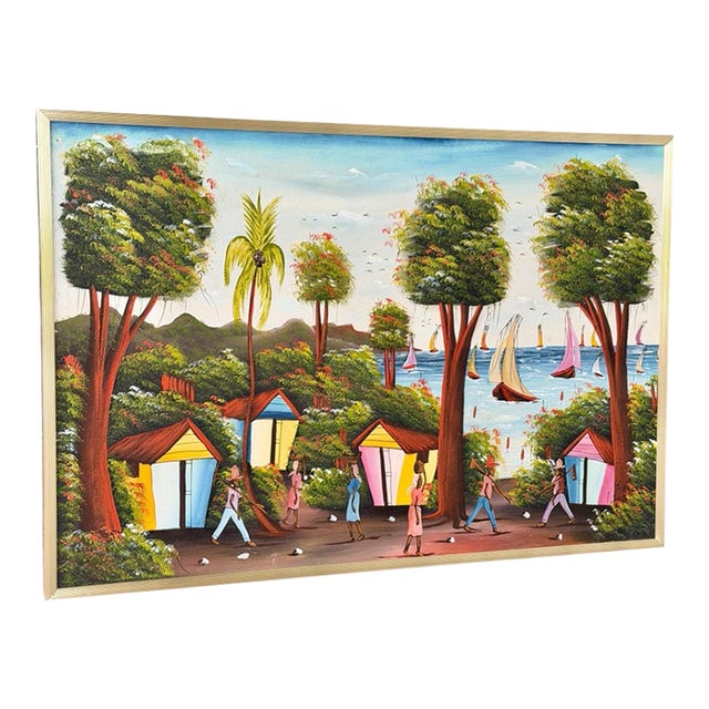 Vintage Large Haitian Naïve Art Coastal Village Landscape Painting by Jacky Salomon For Sale
