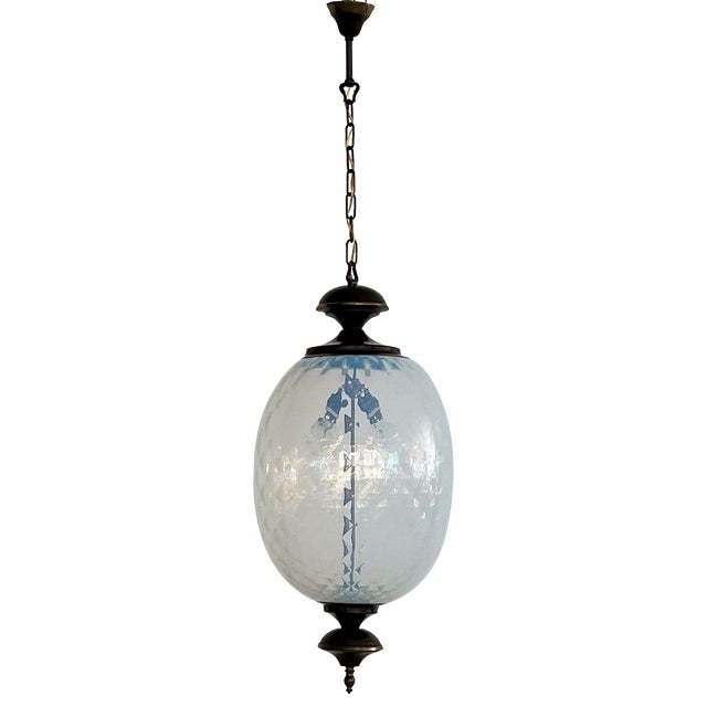 Italian Pendant Light in Brass and Opaline Textural Murano Glass, 1970 For Sale