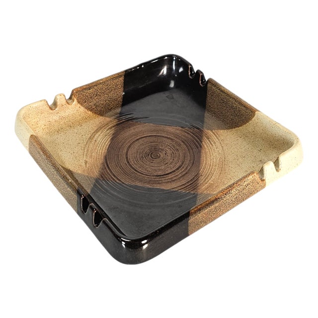 MCM Treasure Craft Stoneware Brown Plaid Ashtray Trinket Dish 7.5" For Sale