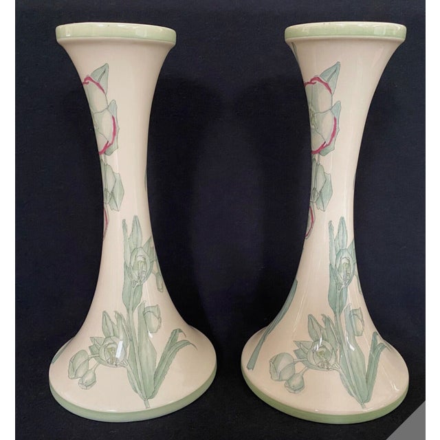 Pair of Halcyon Days Candlesticks Green Hellebores Design From 1915 Mackintosh Drawing For Sale - Image 4 of 8