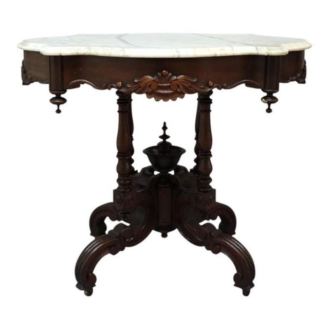 Traditional Renaissance Revival Carved Walnut & Marble Turtle Top Table C1890 For Sale - Image 3 of 14