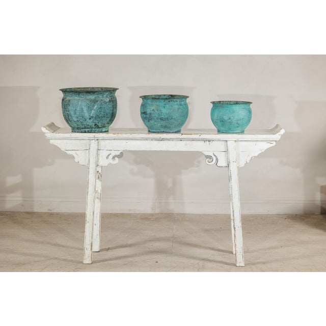 Vintage Indian Copper Cachepots with Aged Turquoise Patina -Set of 3 For Sale - Image 14 of 18