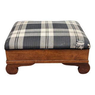 Antique Early American Plaid Upholstery Strorage Footstool For Sale