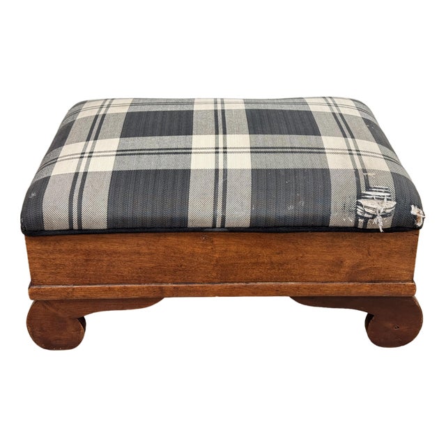 Antique Early American Plaid Upholstery Strorage Footstool For Sale