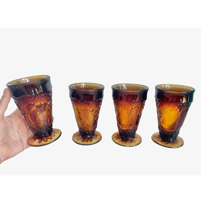 Mid-Century Modern Vintage 1970s Tiara Glass Amber Sunday Ice Cream Footed Cups – Set of 4 For Sale - Image 3 of 8