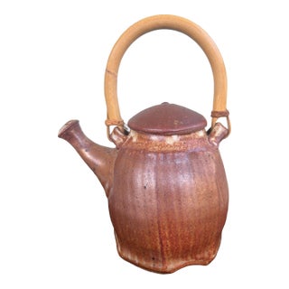 Vintage Rustic Ribbed Stoneware Mingei Style Studio Pottery Teapot With Bamboo Handle For Sale