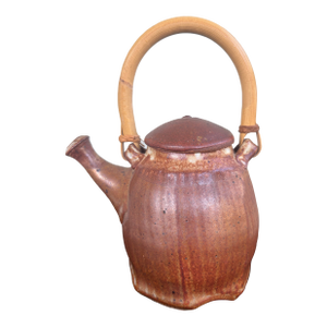 Vintage Rustic Ribbed Stoneware Mingei Style Studio Pottery Teapot With Bamboo Handle