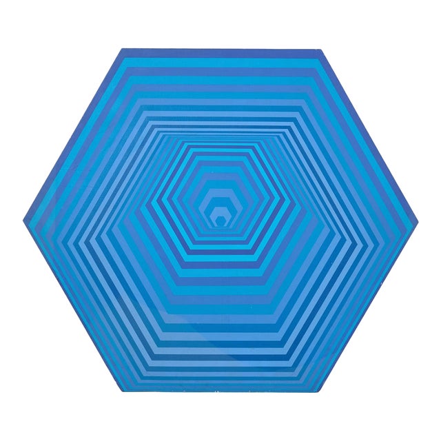 Large Vintage Blue Op Art Painting by Arnold Goldberg For Sale