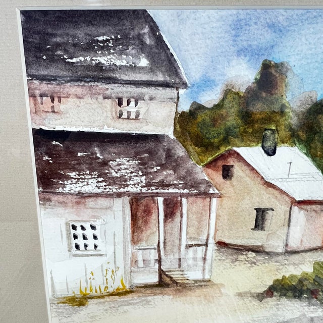 Ecru Contemporary Rustic European Cottage Village Landscape Watercolor Painting Framed Art - Signed by Unknown ARtist For Sale - Image 8 of 12