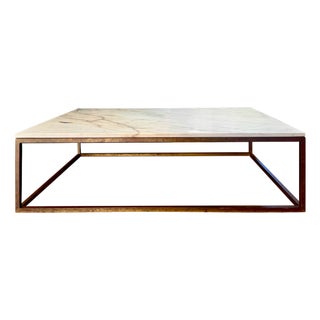 Custom-Made White Marble Coffee Table With Brass Base For Sale