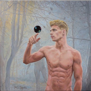 Wood Nymph by John Tarantola | Oil on Cradled Panel Young man balancing a sphere in a forest setting. For Sale