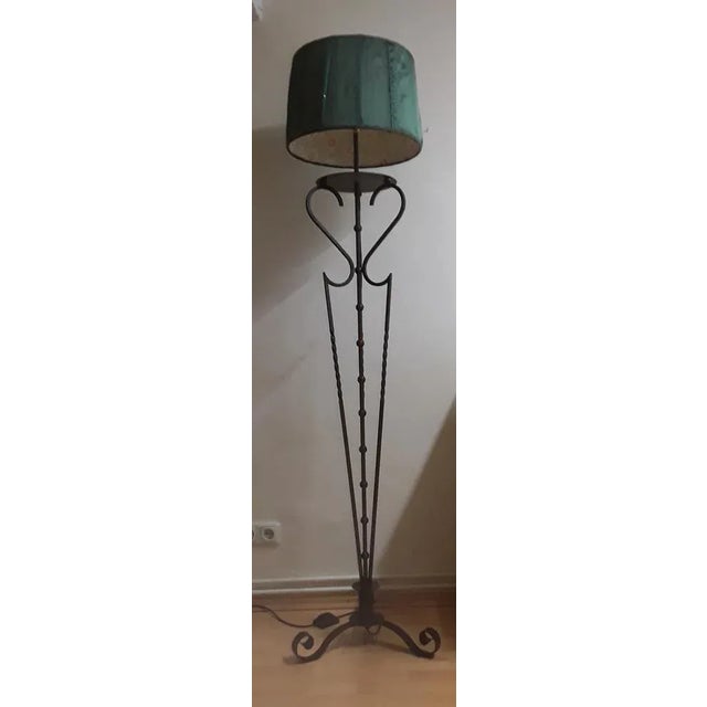 Green Vintage Floor Lamp with Filigree Iron Frame and Handmade Green Fabric Shade, 1980s For Sale - Image 8 of 9