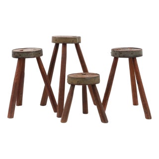Vintage Brutalist French Oak Tripod Stools with Metal Rim, 1850s, Set of 4 For Sale