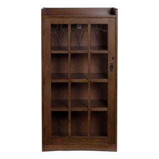 Mission Leaded Glass Bookcase With Lock & Key - Walnut For Sale