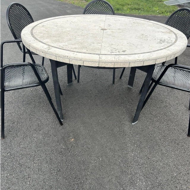American 1980s Attributed to Brown Jordan Stone Top Table and 6 Metal Chairs With Stand For Sale - Image 3 of 5