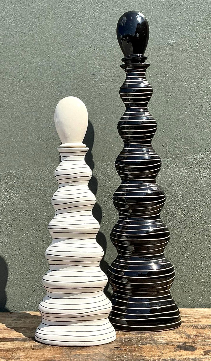 Vintage Tall Striped Studio Pottery Vases - Set of 2 - Back view