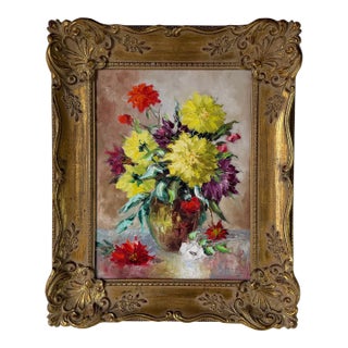 Vintage Floral Still Life Oil Painting on Canvas – Framed For Sale