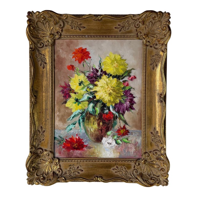 Vintage Floral Still Life Oil Painting on Canvas – Framed For Sale