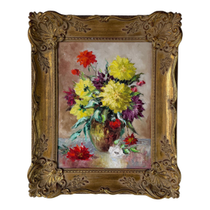 Vintage Floral Still Life Oil Painting on Canvas – Framed