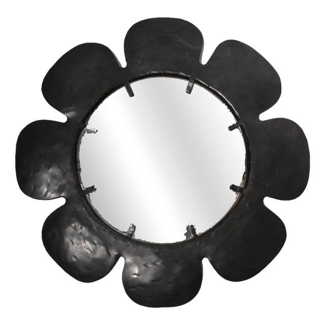 Vintage Eight Petal Hand-Hammered Cast Iron Wall Mirror, 1950s For Sale