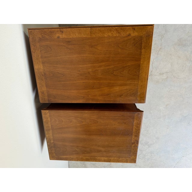 1970s Mid-Century Burl Wood Three-Drawer Nightstands – Pair For Sale - Image 4 of 13