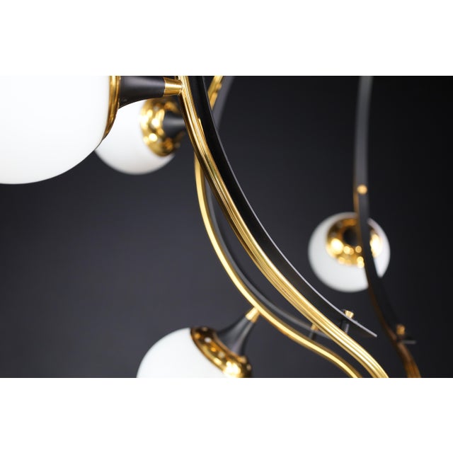 Mid-Century Chandelier in Brass and 12 Opaline Globes from Stilnovo, Italy 1950s For Sale - Image 14 of 17