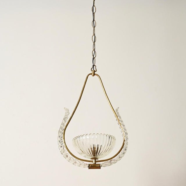 Metal Murano Glass and Brass Flower Pendant Light from Barovier, Italy, 1940s For Sale - Image 7 of 13