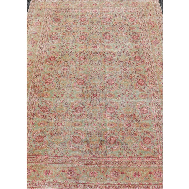 Antique Persian Tabriz Rug With All-Over Design in Light Green, Pink, and Red For Sale - Image 4 of 11