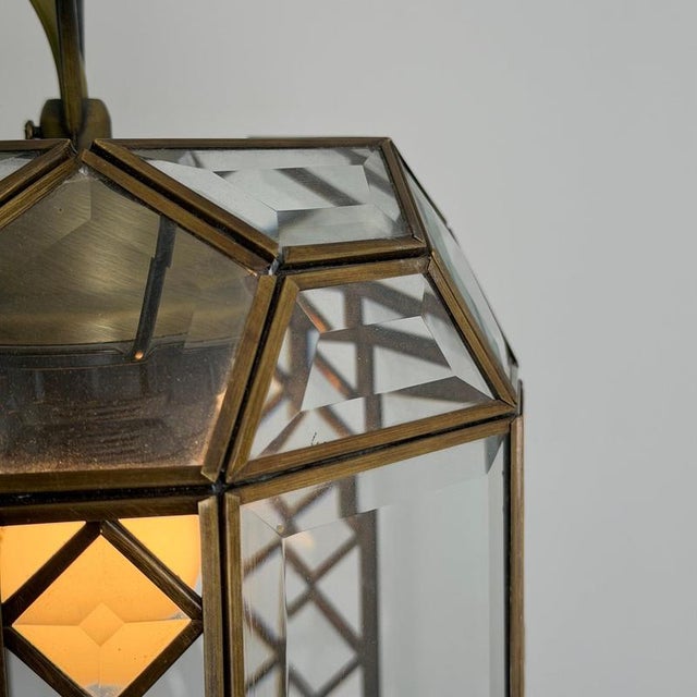 Art Deco Italian Revival Brass and Beveled Glass Lantern, 1970s For Sale - Image 12 of 18