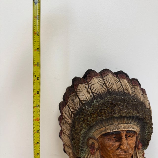 Vintage 1973 Hand Carved Wood Native American Indian Chief Statue 24" Signed For Sale - Image 10 of 14