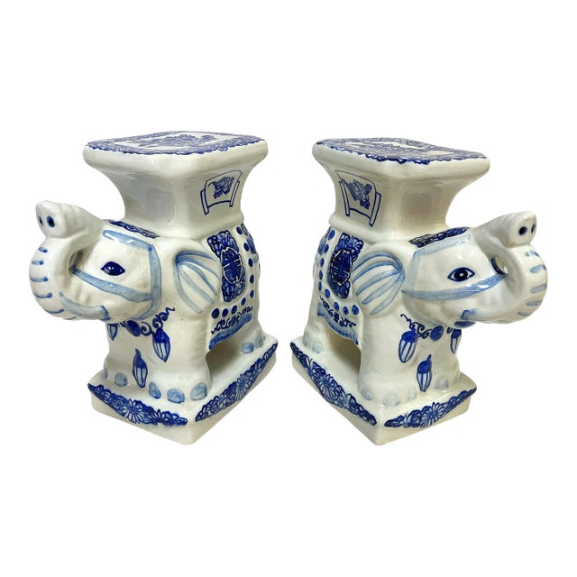 Vintage Blue and White Chinoiserie Ceramic Elephant Plant Stands- a Pair For Sale