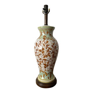 Vintage Hand-Painted Italian Style Ceramic Table Lamp With Ochre Scrollwork & Celadon Green Accents For Sale