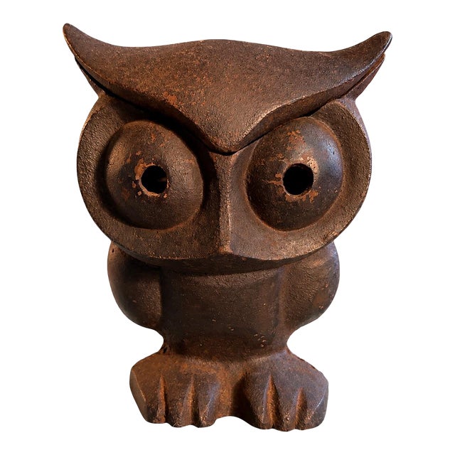 Vintage Mid-Century Japanese Hand-Cast Iron Owl Oversized Candle Lantern/Incense Burner For Sale