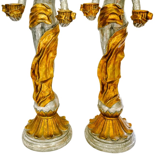 Monumental 24" Italian Baroque Style Silvered & Parcel-Gilt Cherub Candleholders - A Pair For Sale - Image 9 of 10