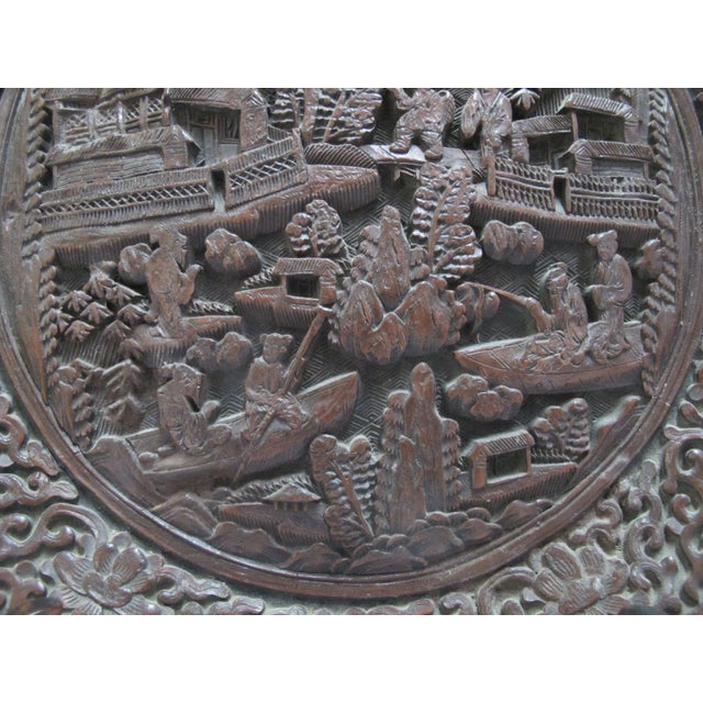 Chinese Cinnabar Lacquer Style Resin Village Scene 10" Plate Pair With Stands For Sale - Image 17 of 18