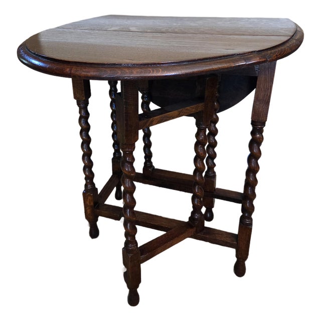 Antique English Table Drop Leaf Gateleg Barley Twist Oak Medium End Table Oval For Sale