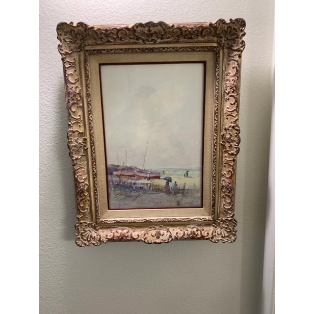 1980s "Red Boats" Impressionist Style Beach Scene Painting by Tom Perkinson, Framed For Sale - Image 10 of 11